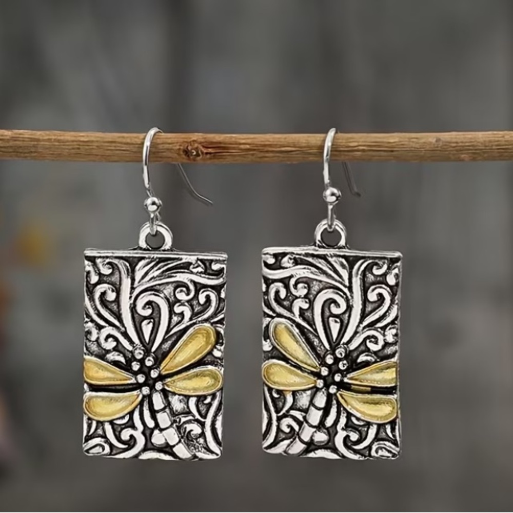 Antique Silvery Dragonfly Rectangle Drop Earrings - Women Jewelry